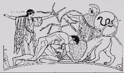 Геракл душит немейского льва. Направо стоит богиня Афина, налево – нимфа окрестности г. Немеи (Рисунок на вазе.)