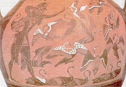 Геракл уничтожает стемфалийских птиц. Фрагмент росписи чернофигурной амфоры. Сер. 6 век. до н.э.